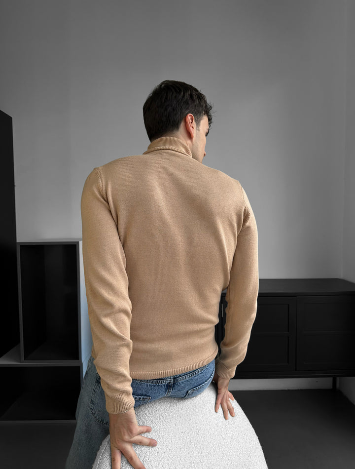 Slim Fit Long Neck Pullover - Beige