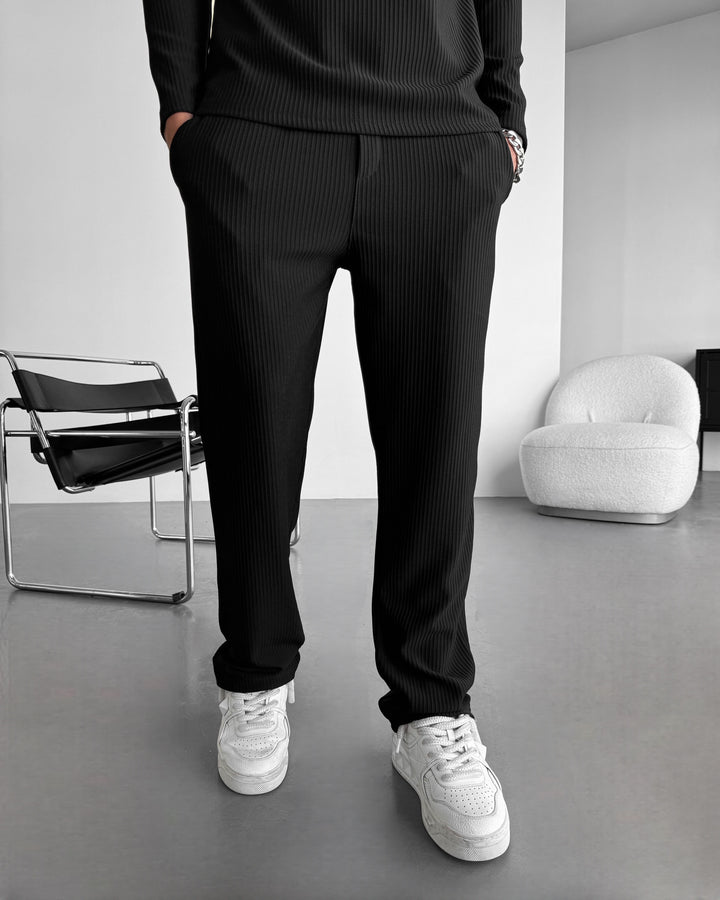 Loose Fit Striped Trousers - Black
