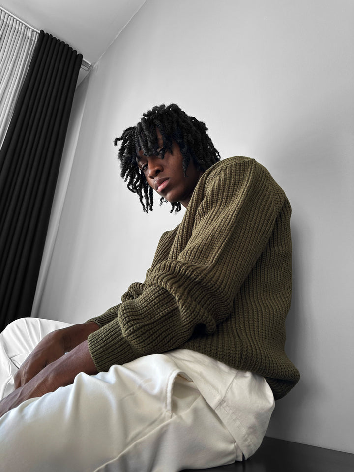 Oversize Structured Knit Sweater - Khaki