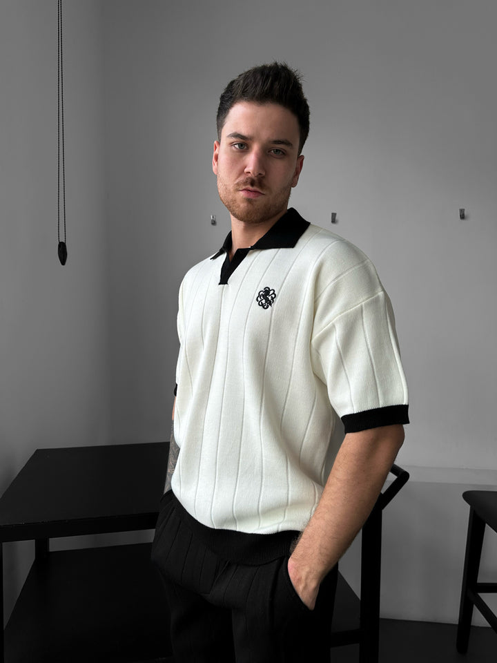 Loose Fit Embroidered Polo T-shirt - Ecru