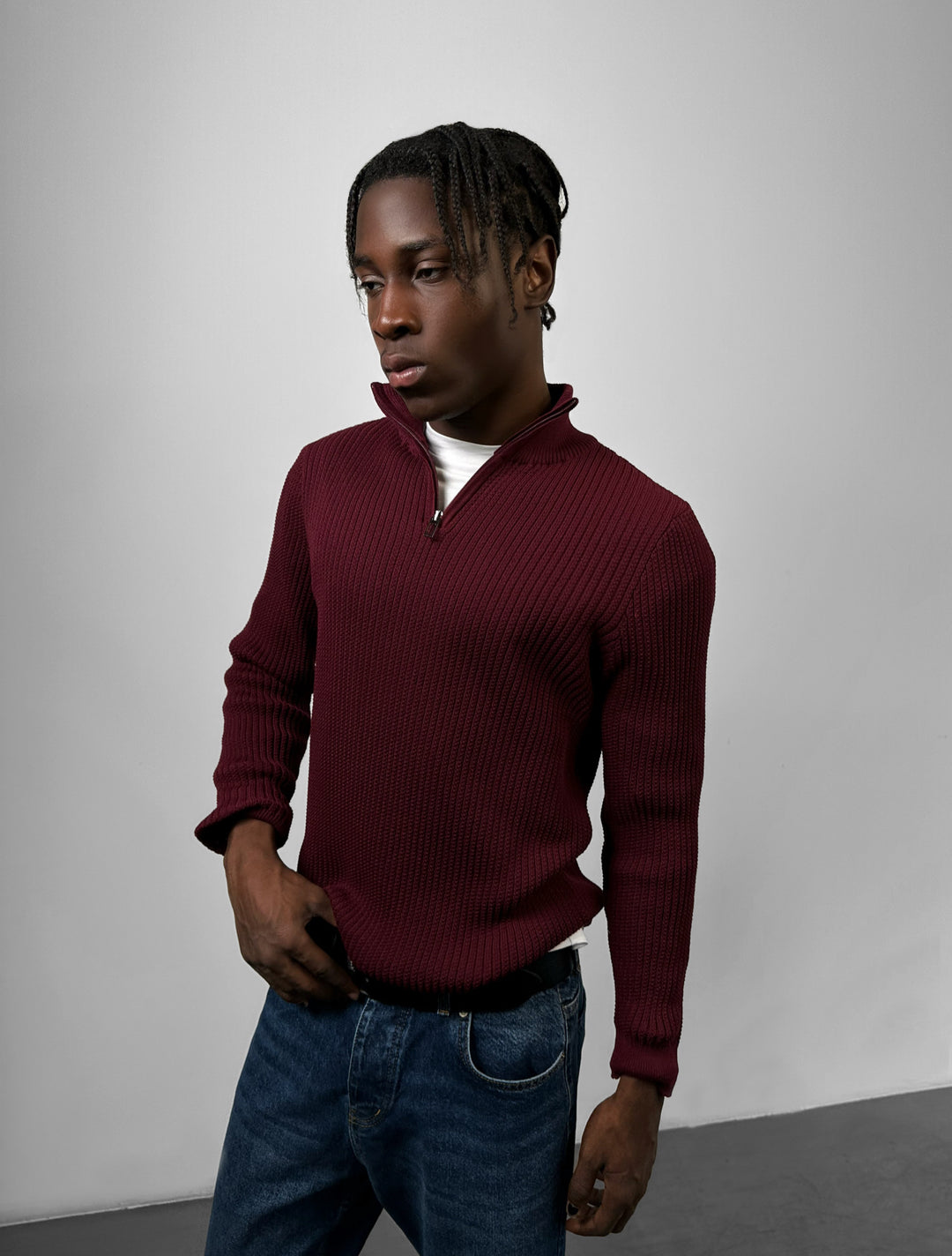 Slim Fit Half Zip Textured Sweater - Plum