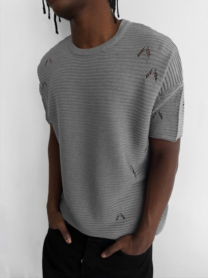 Loose Fit Torn Ribbed Knit T-Shirt - Grey Melange