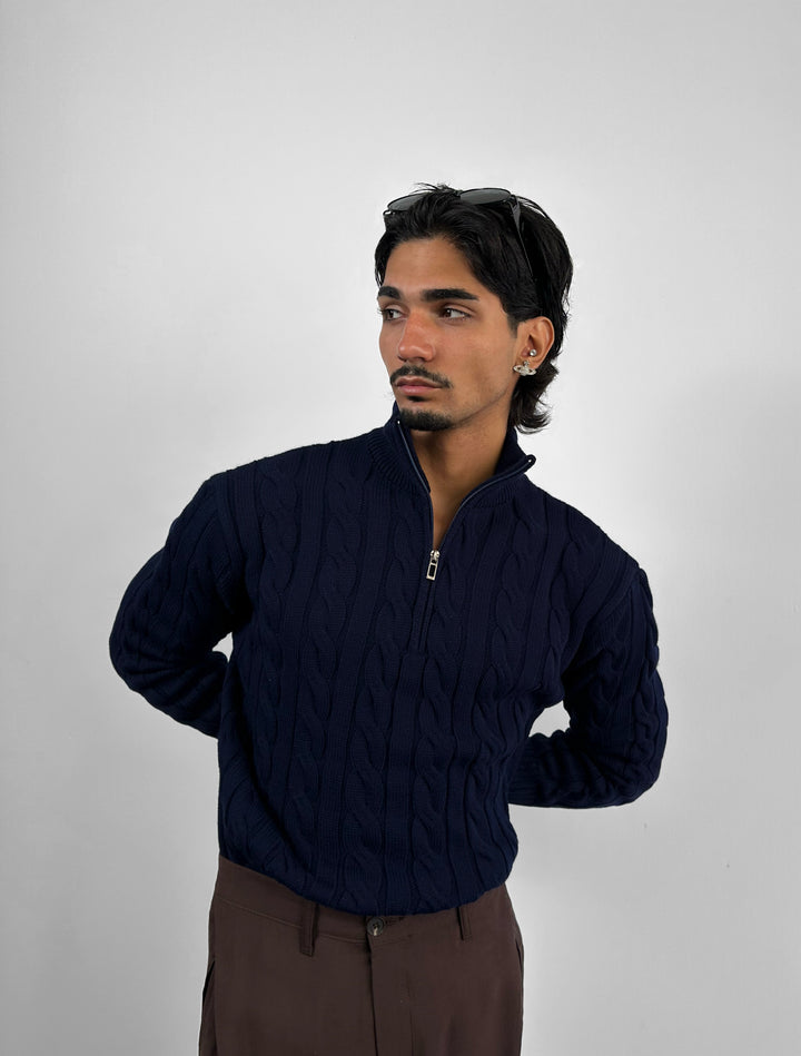 Oversize Collar Braid Pullover - Navy Blue
