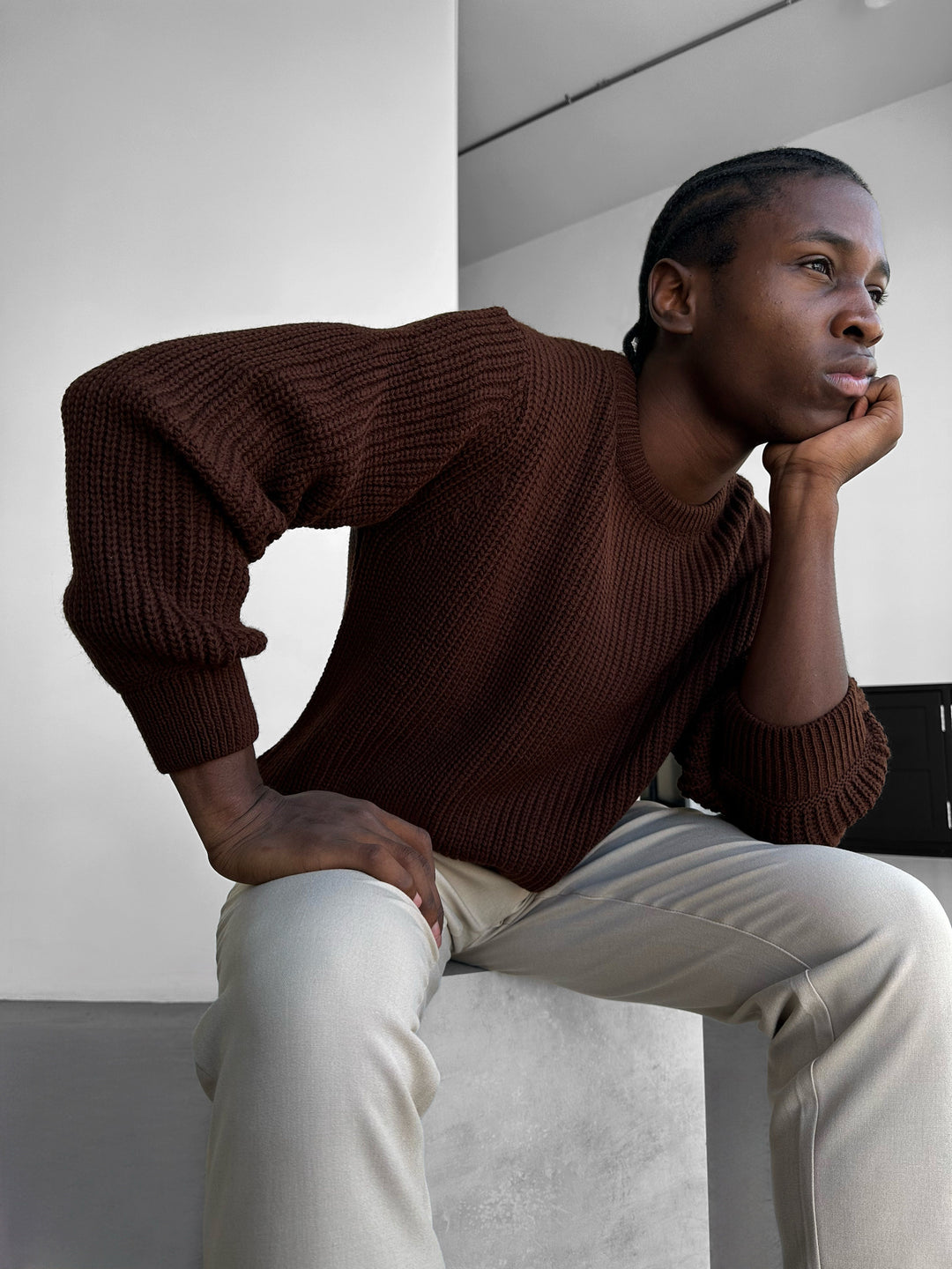 Oversize Structured Knit Sweater - Dark Brown