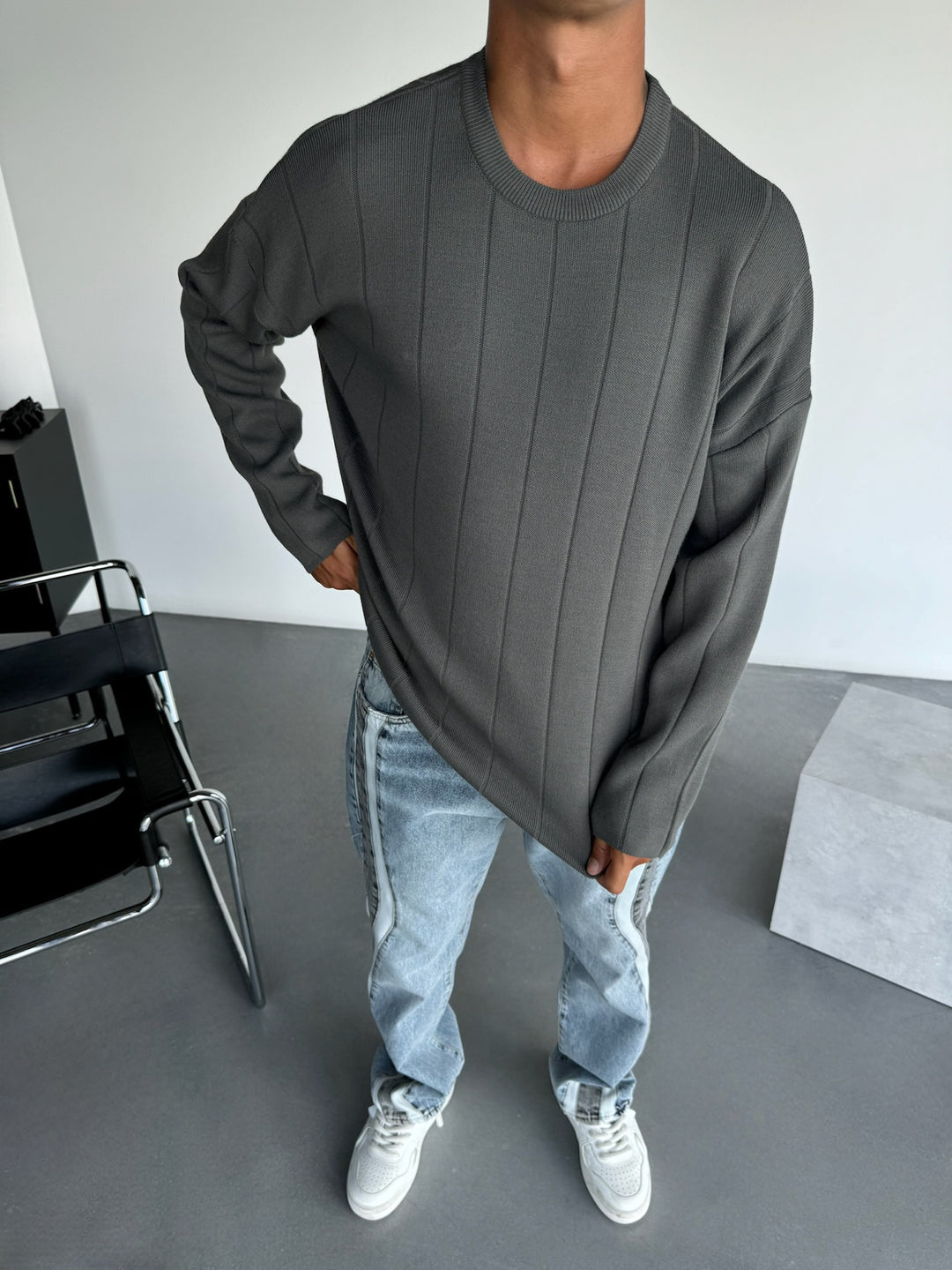 Oversize Lines Knit Sweatshirt - Anthracite