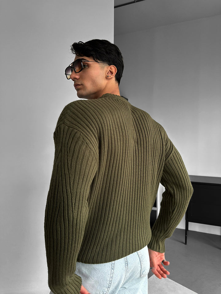 Loose Fit Striped Structure Pullover - Khaki