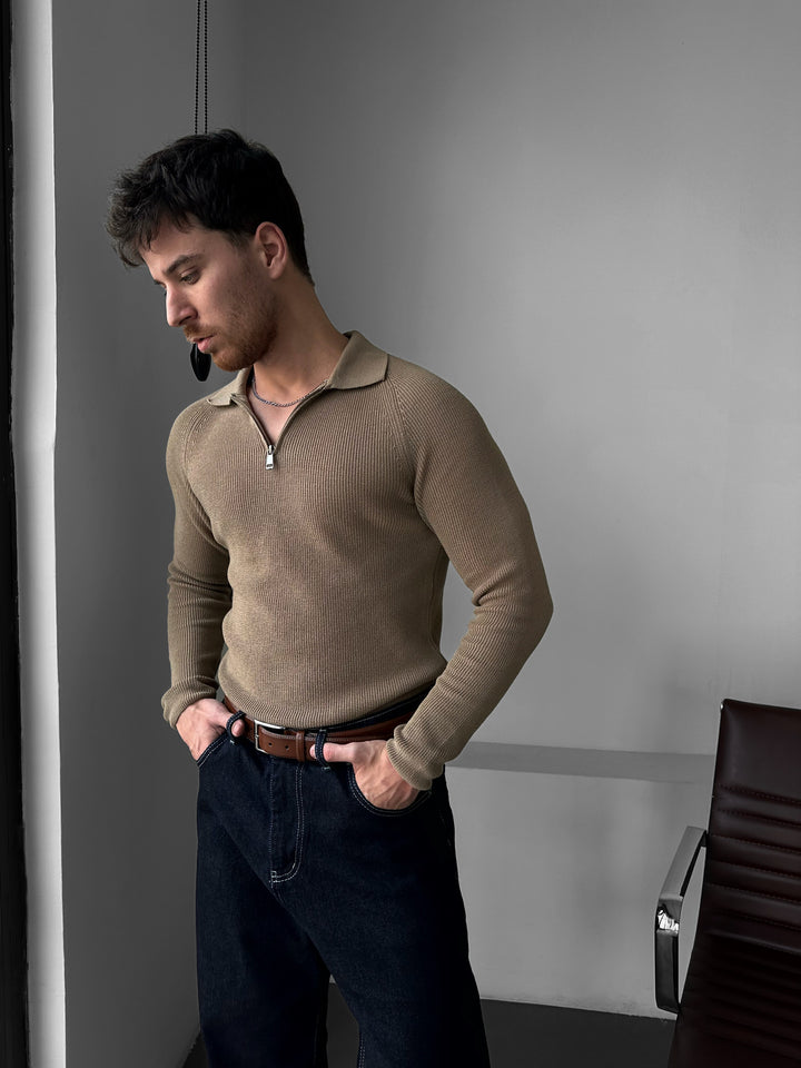 Slim Fit Knit Zipper Polo Sweater - Camel