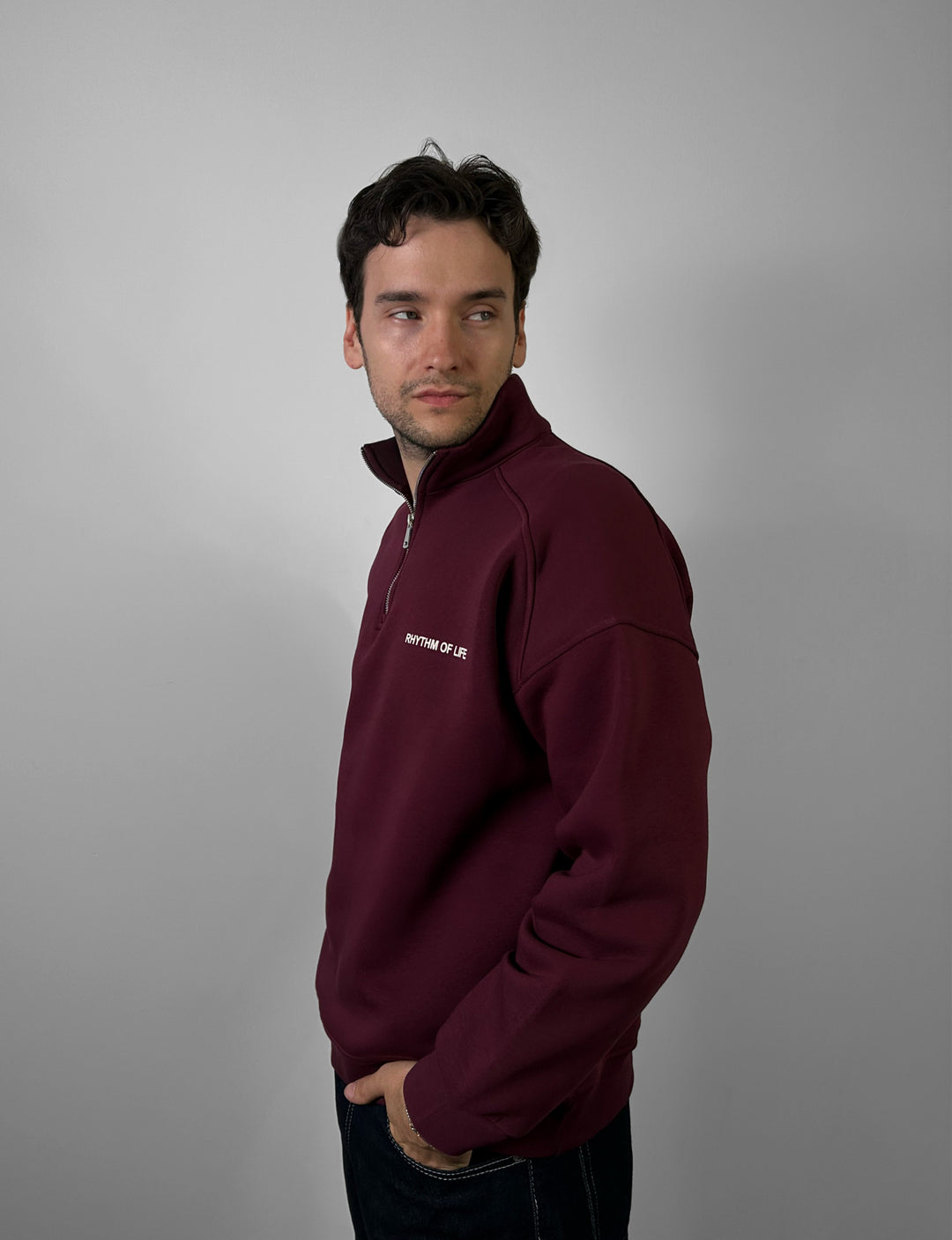 Oversize Half-Zip Motto Sweatshirt - Bordeaux