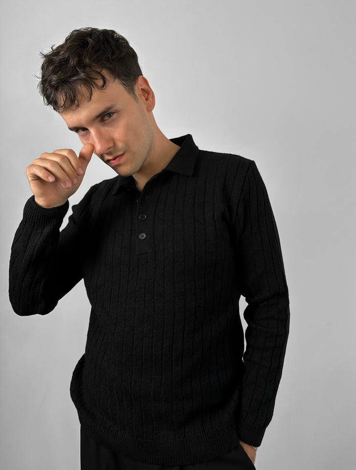 Loose Fit Polo Knit Pullover - Black