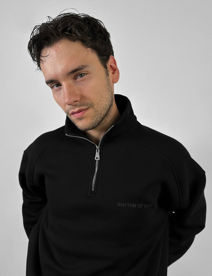 Oversize Half-Zip Motto Sweatshirt - Black