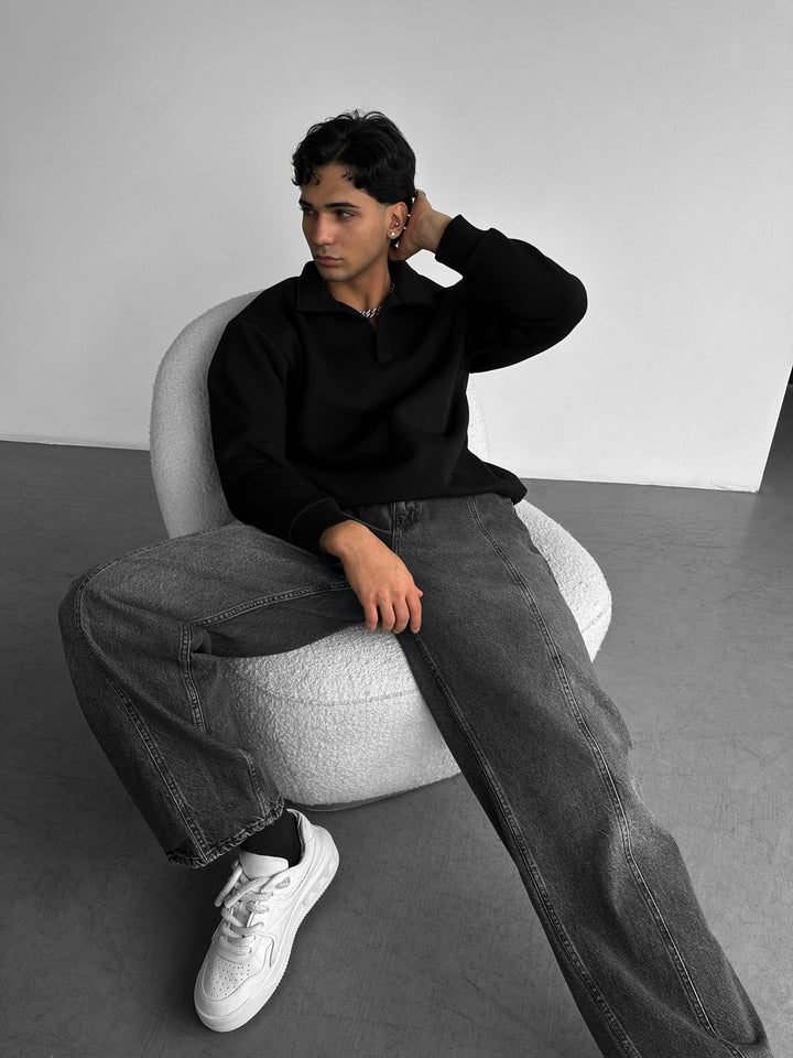 Oversize Basic Polo Sweatshirt - Black