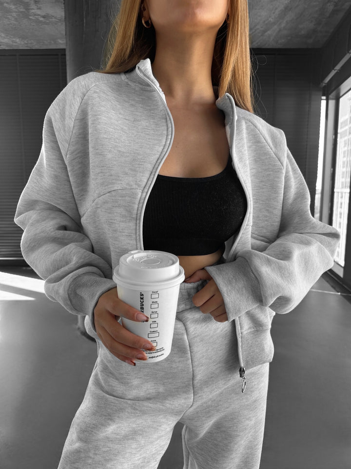 Short Women Zipper Pullover - Grey