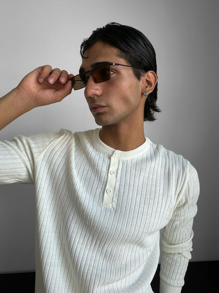 Slim Fit Button Knit Sweater - Ecru
