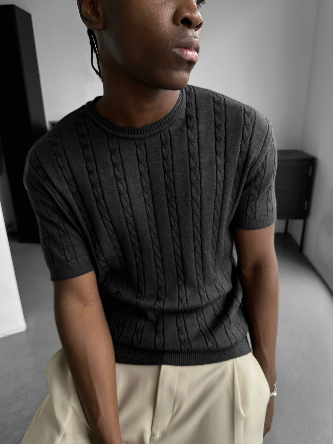 Loose Fit Braid Knit T-Shirt - Anthracite