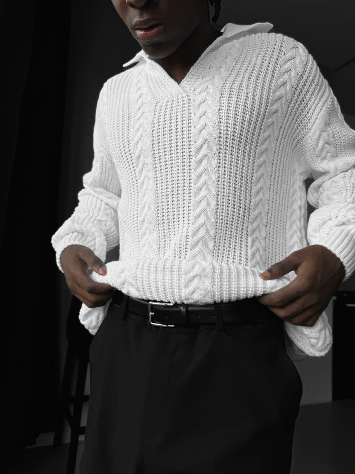 Oversize Braided Structure Polo Sweater - Bright White