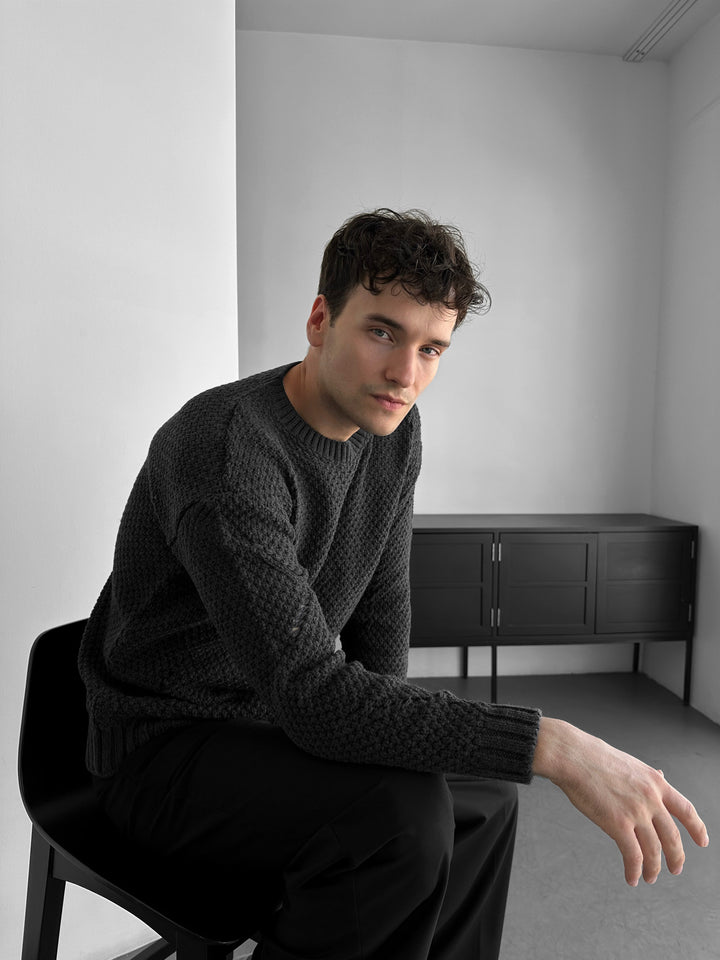 Regular Fit Textured Torn Sweater - Anthracite