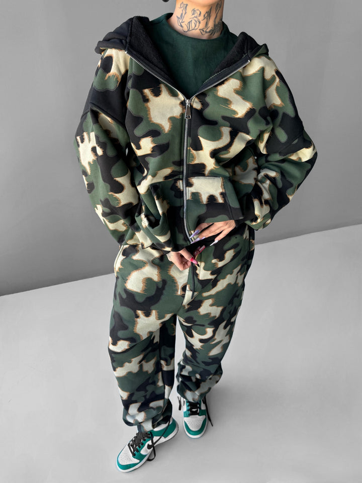 Oversize Camouflage Zipper Hoodie - Khaki