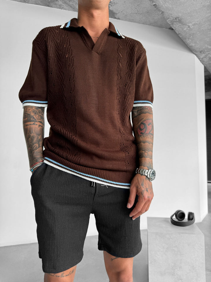 Slim Fit Detail Knit Polo T-Shirt - Brown