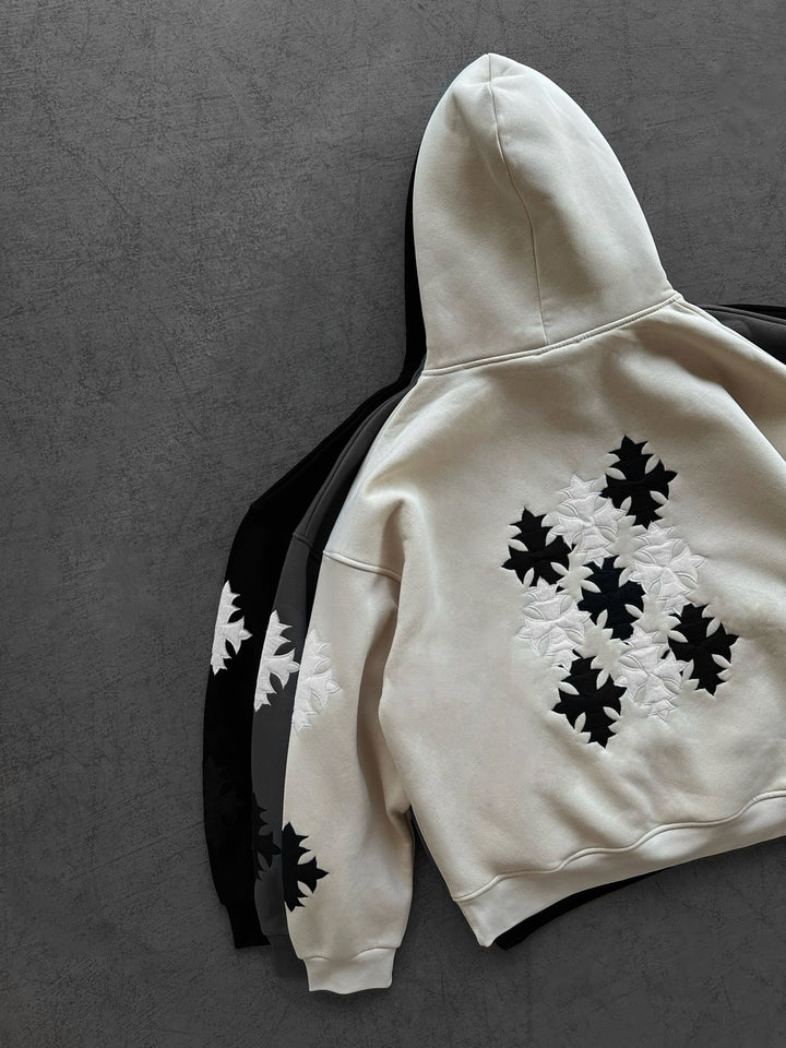 Oversize Gothic Cross Hoodie - Beige
