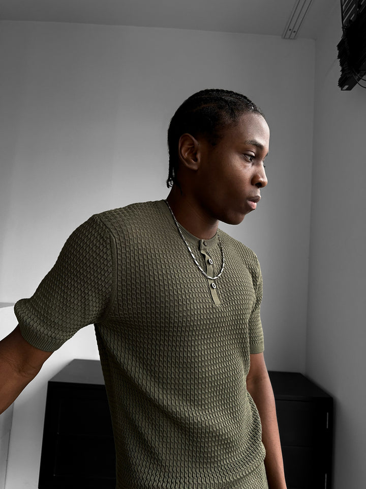 Regular Fit Waffle Button T-shirt - Khaki