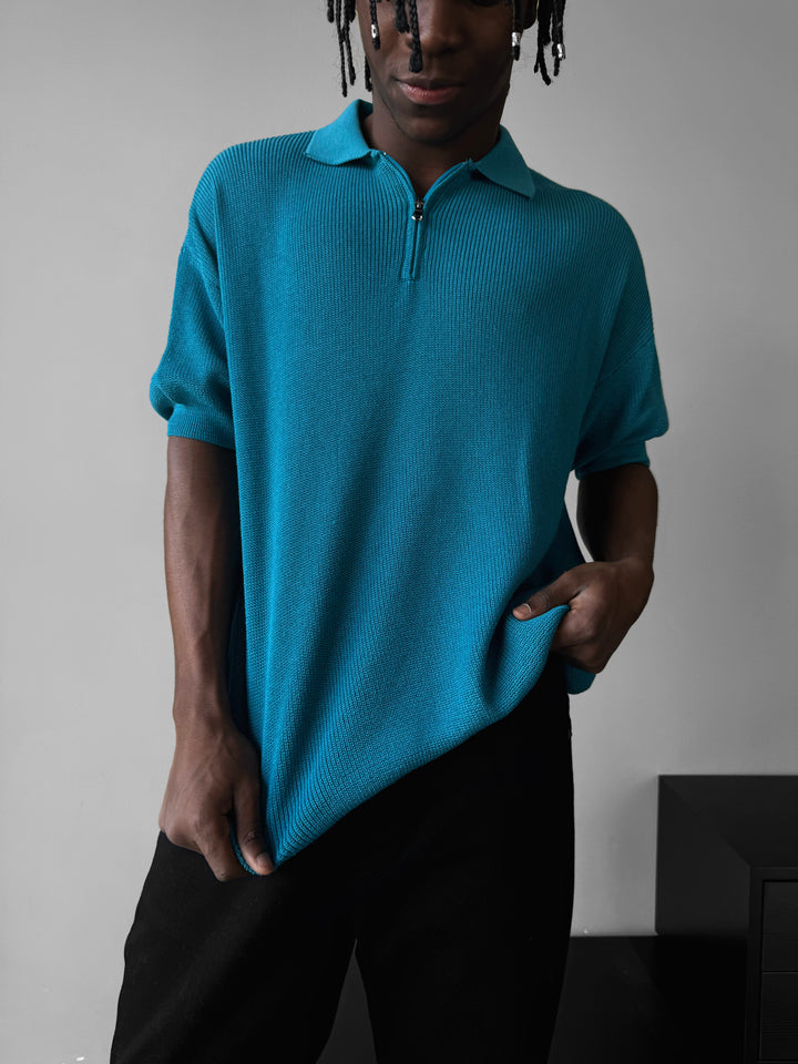 Oversize Zipper Knit Polo T-shirt - Blue