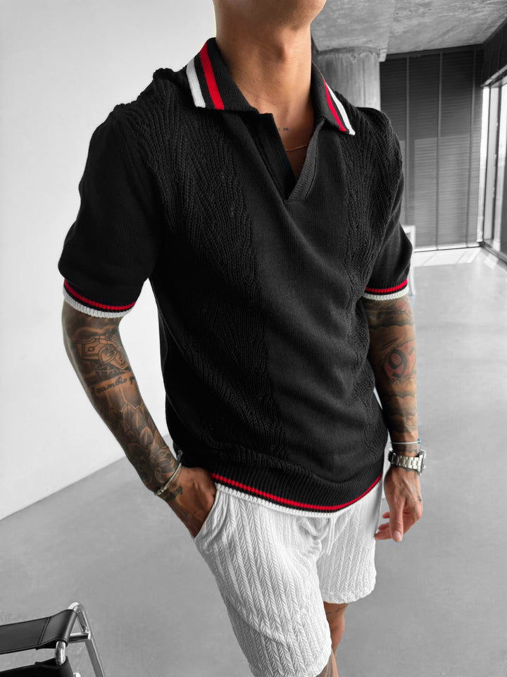 Slim Fit Detail Knit Polo T-Shirt - Black