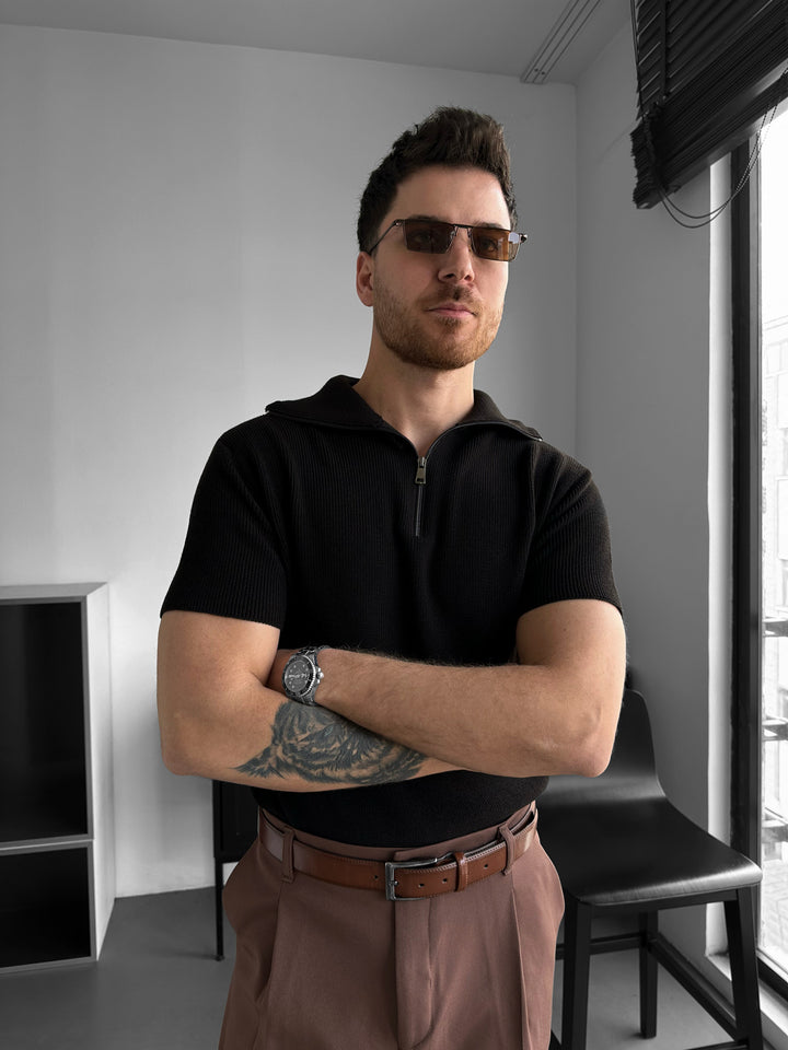 Oversize Zip Neck Knit T-shirt - Dark Brown