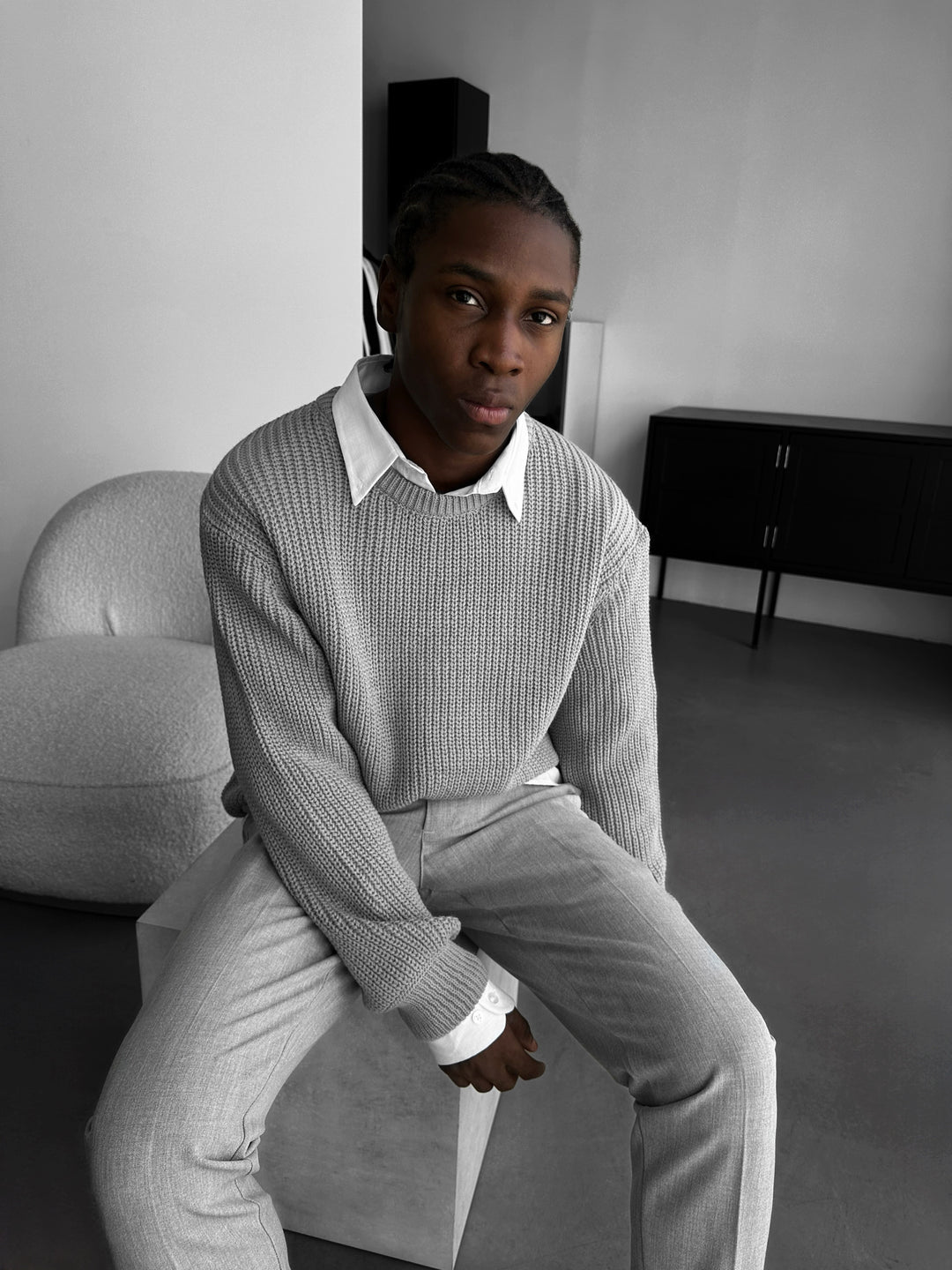 Oversize Structured Knit Sweater - Grey