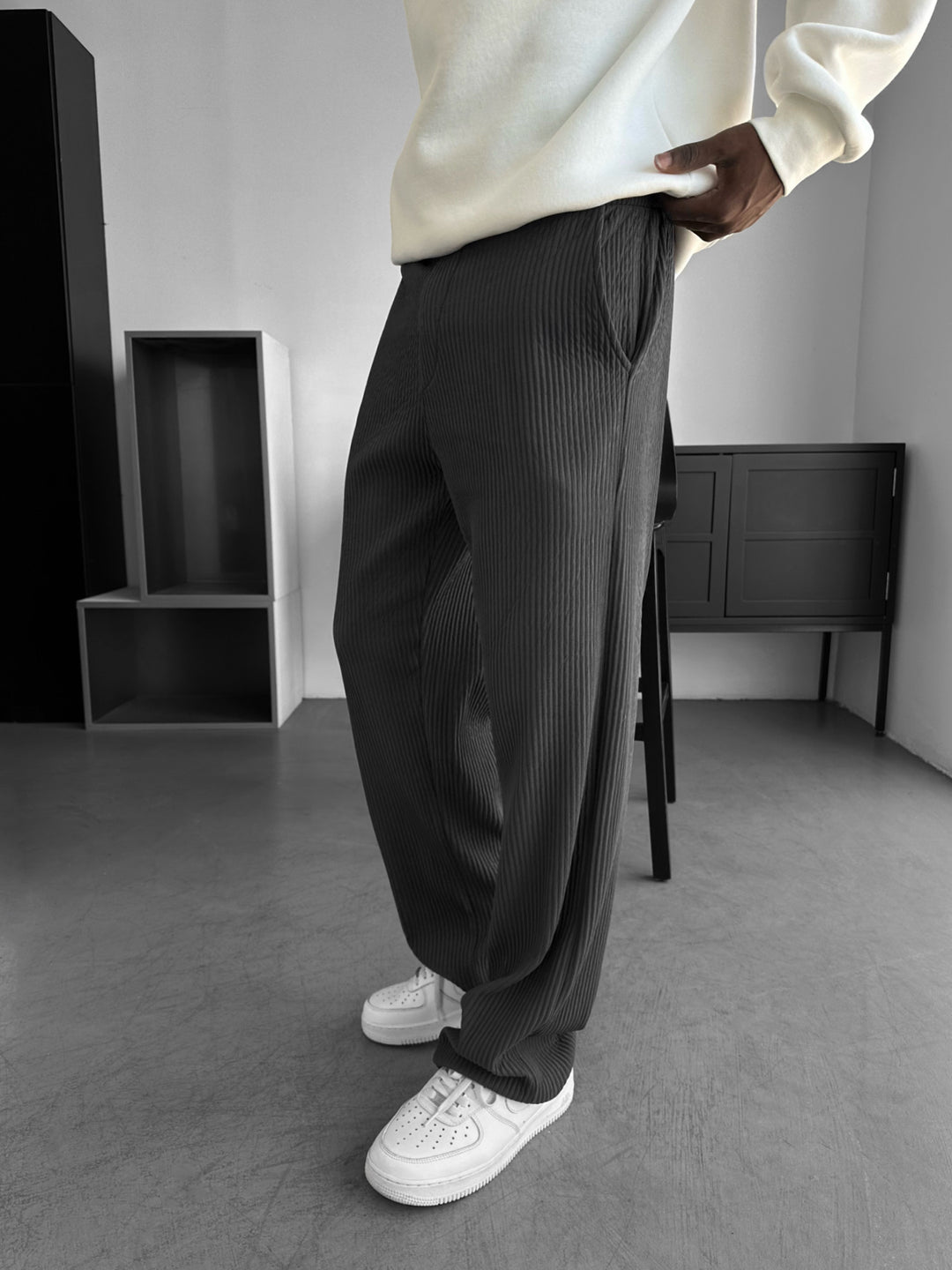 Loose Fit Ribbed Trousers - Anthracite