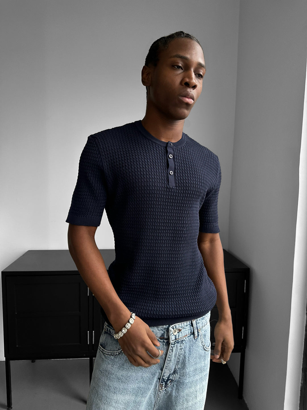 Regular Fit Waffle Button T-shirt - Navy Blue