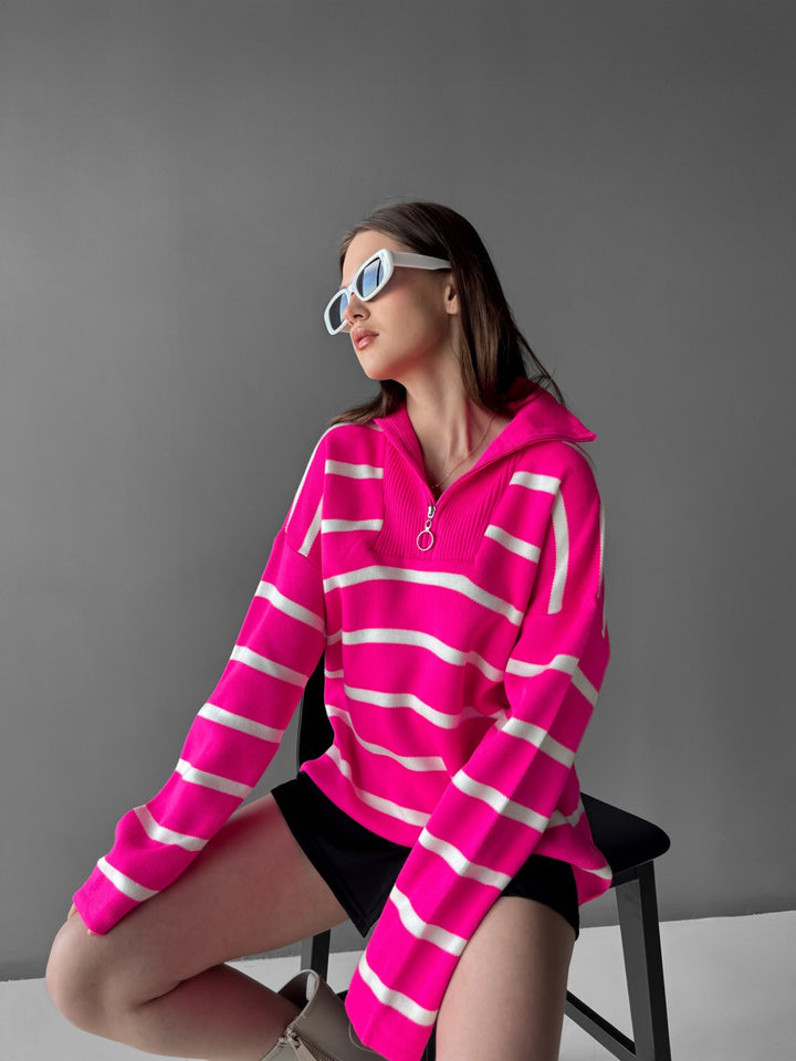 Thin Striped Zipper Sweater - Bubblegum