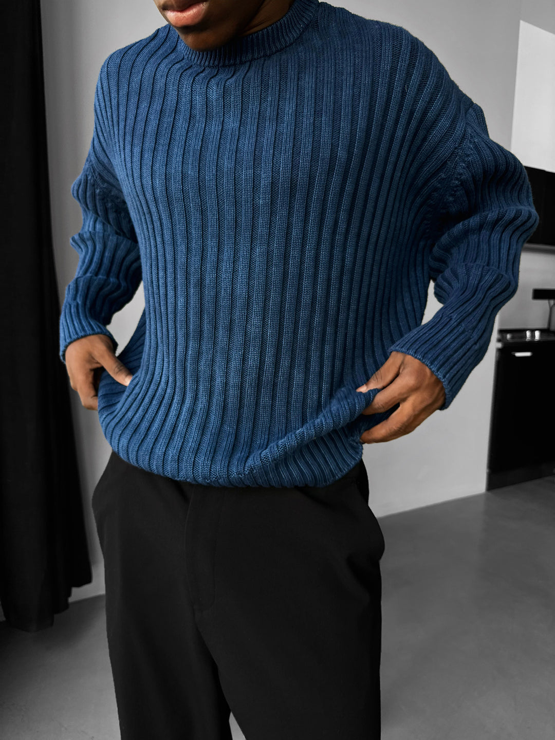 Oversize Ribbed Washed Sweater - Blue