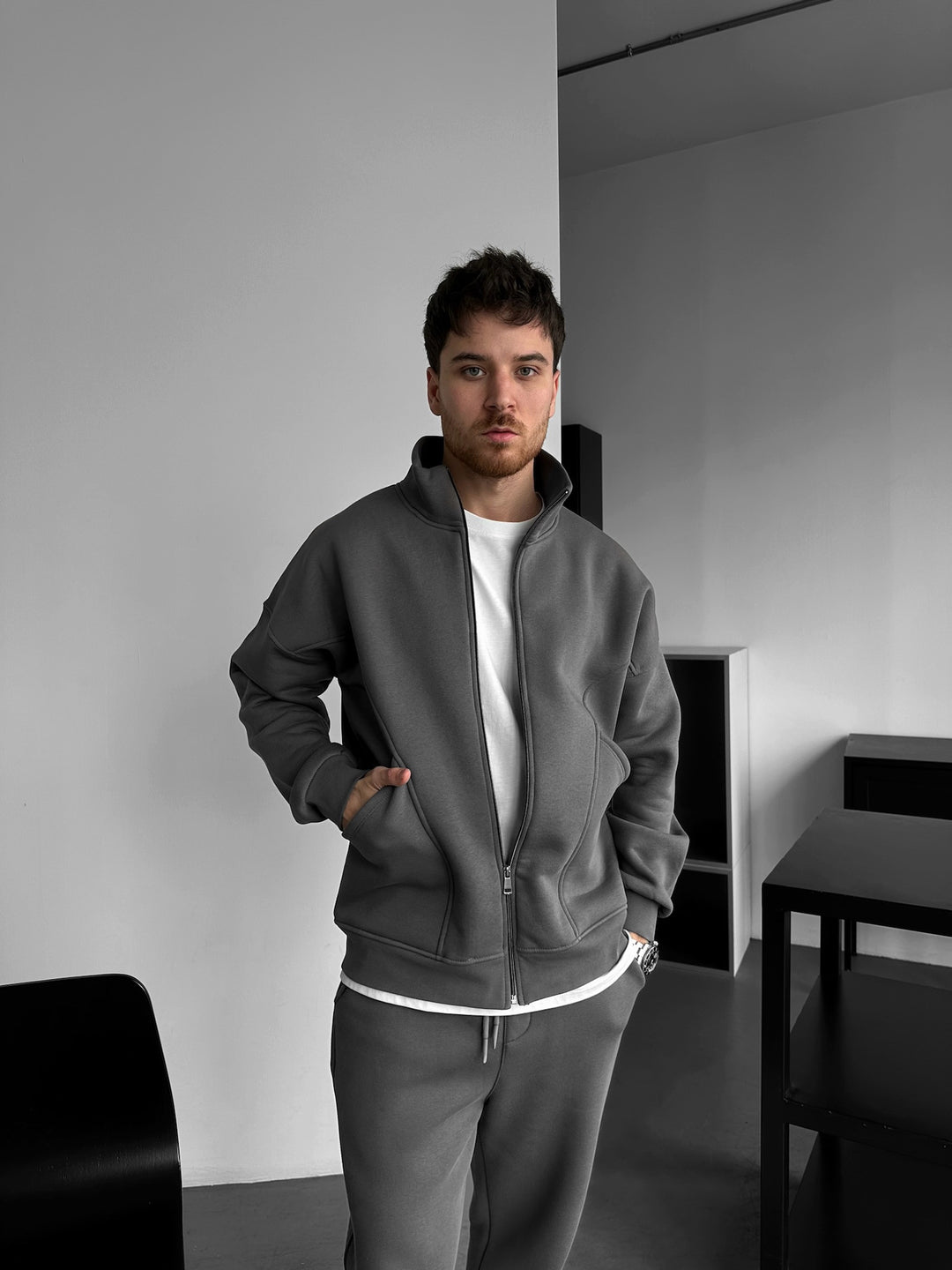 Loose Fit Basic Zipper Jacket - Anthracite