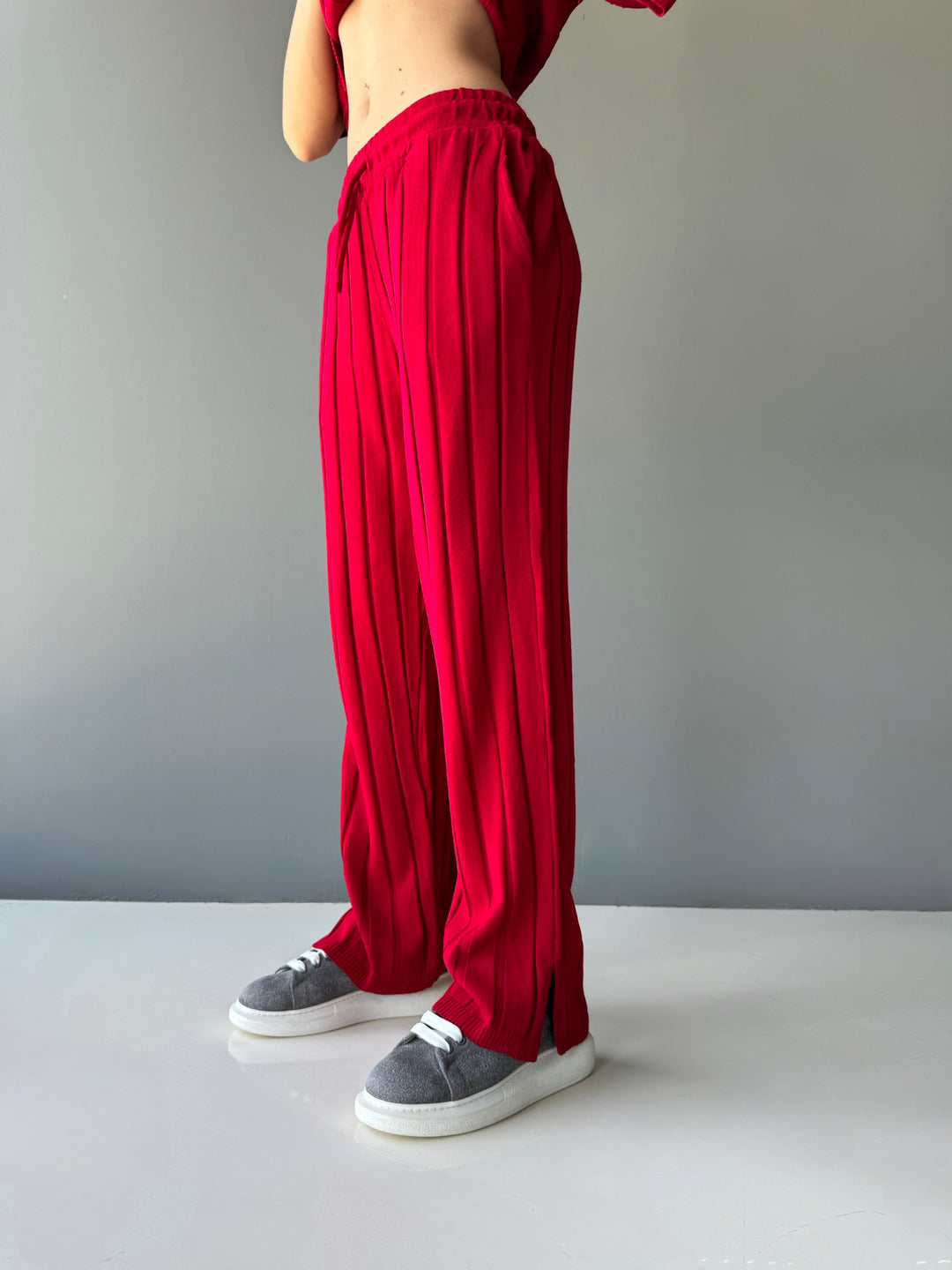 Loose Fit Wide Ribbed Pant - Blood Red