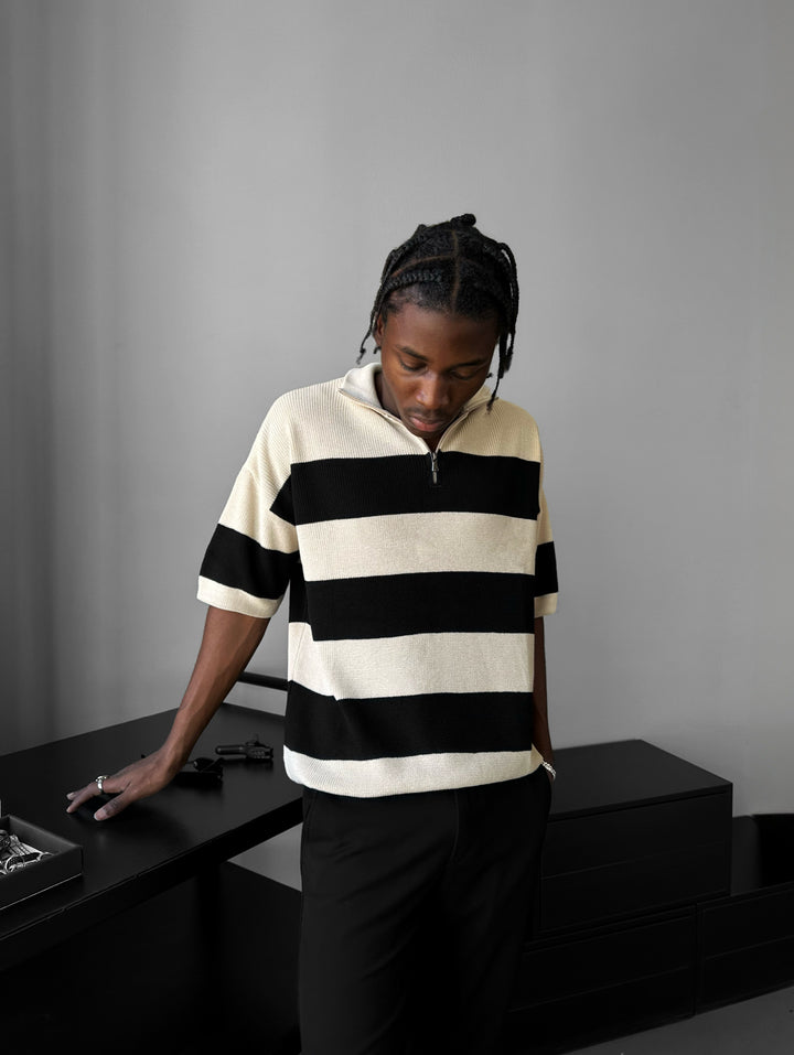 Regular Striped Knit T-shirt - Cream