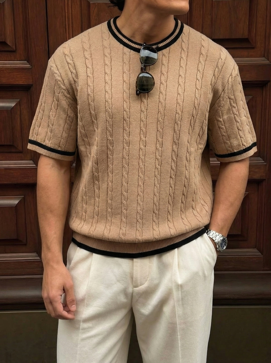 Regular Fit Braid Knit T-shirt - Beige