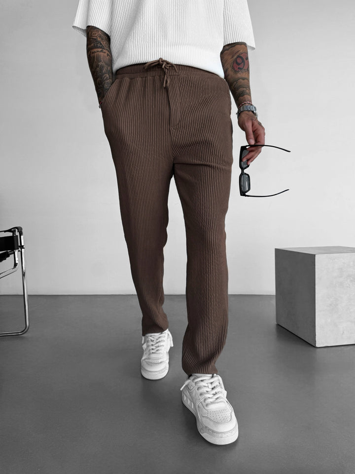 Loose Fit Ribbed Trousers - Brown