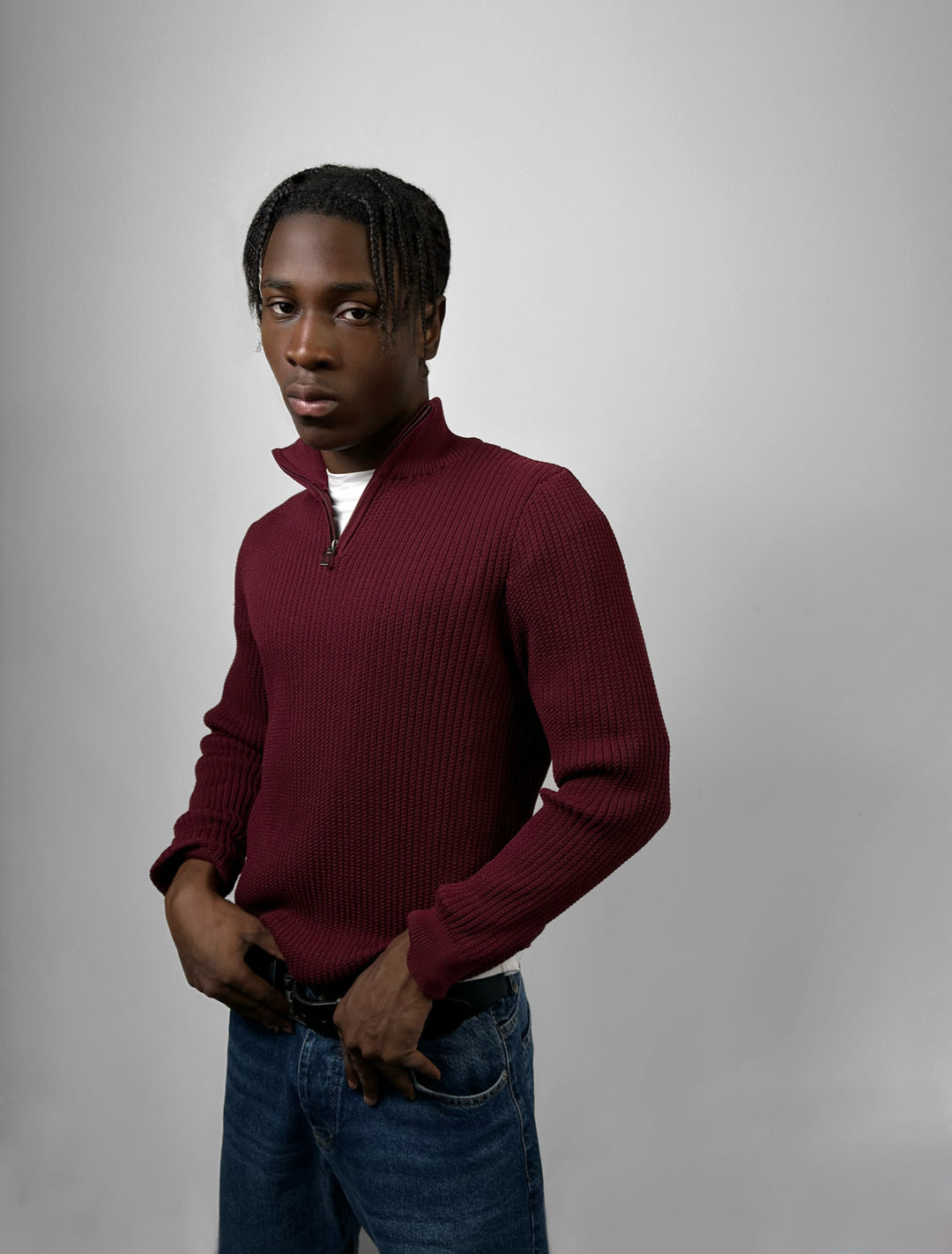 Slim Fit Half Zip Textured Sweater - Plum