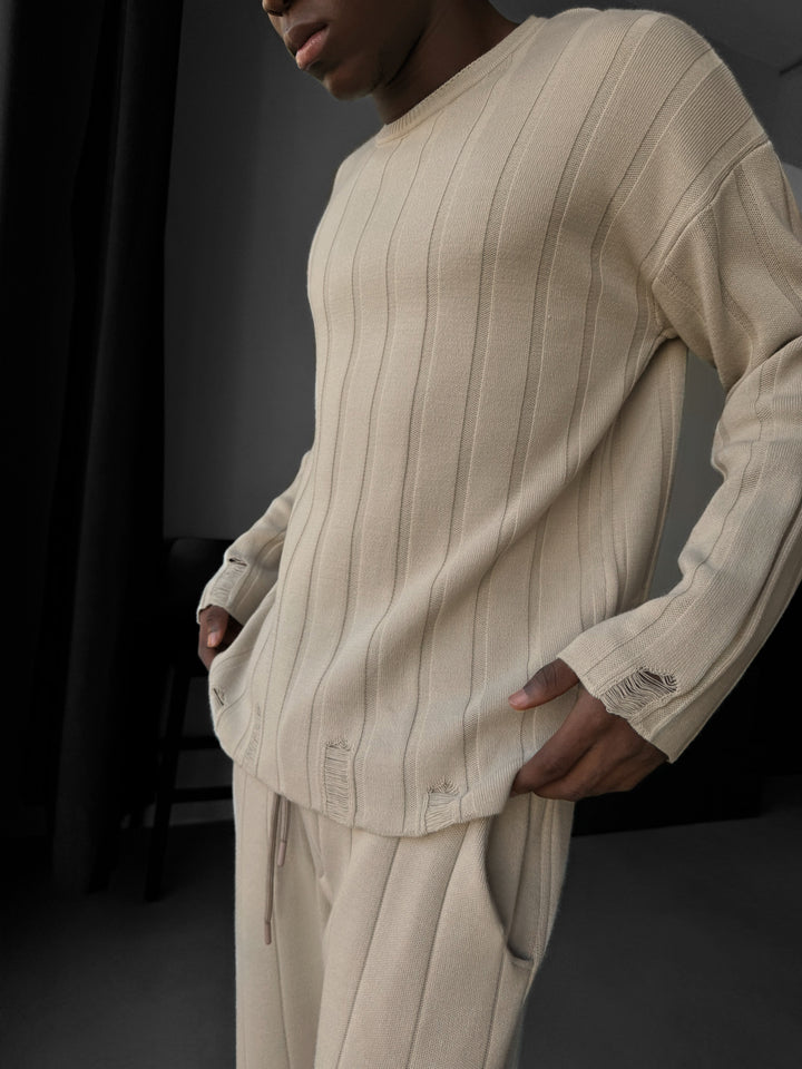 Loose Fit Knit Striped Torn Sweater - Stone