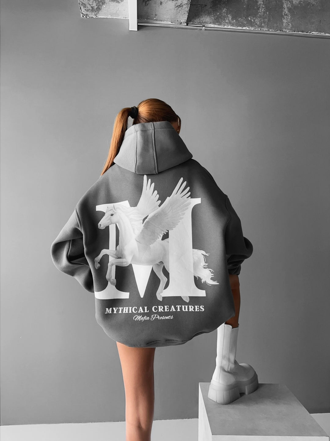 Oversize Women Mythical Creatures Hoodie - Anthracite