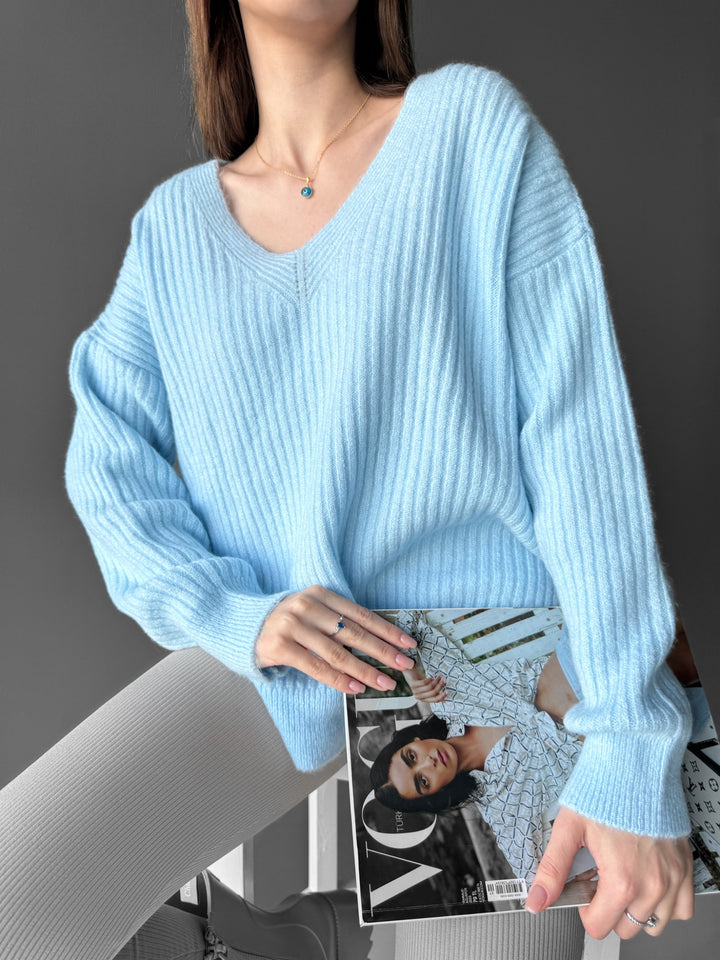 V Neck Knit Sweater - Babyblue