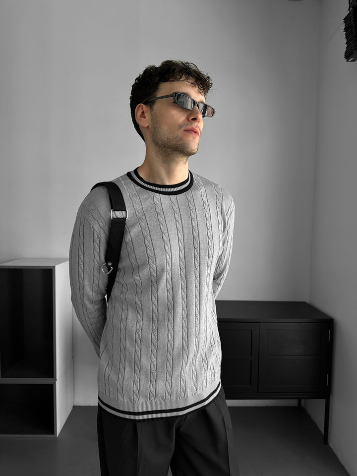 Regular Fit Braid Knit Sweater - Grey