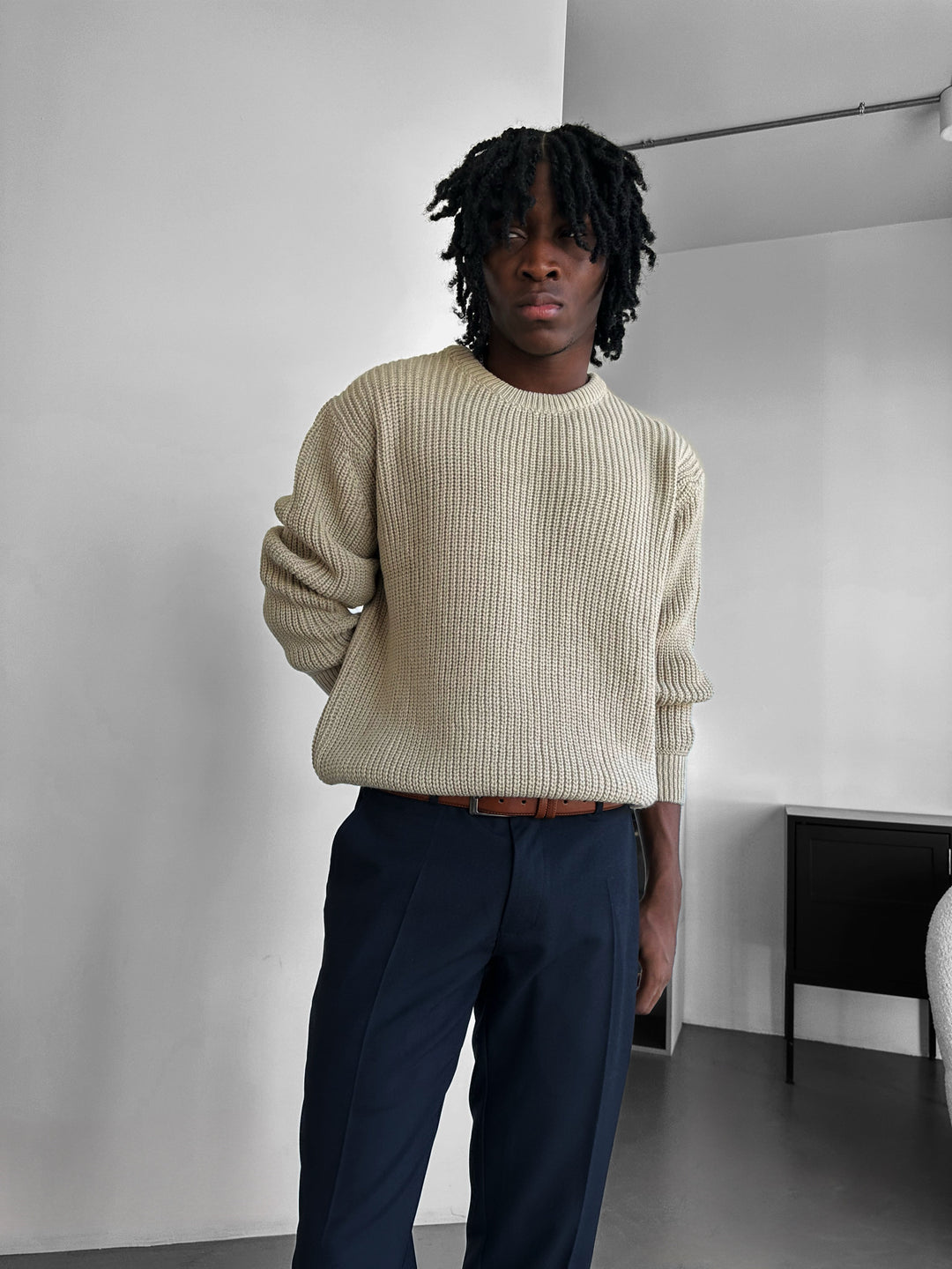 Oversize Structured Knit Sweater - Stone