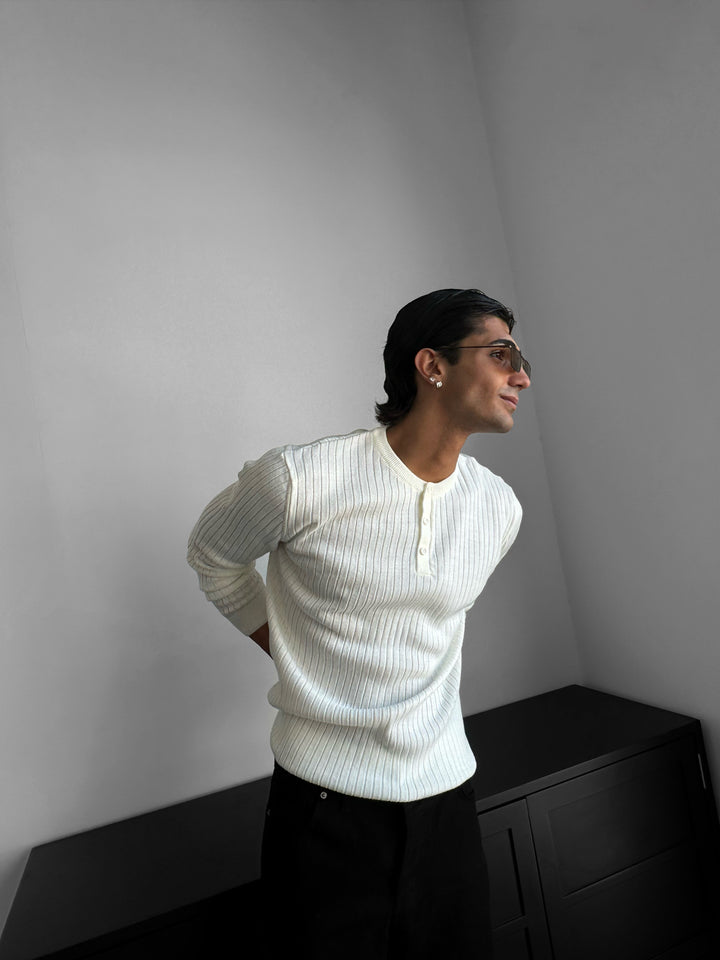 Slim Fit Button Knit Sweater - Ecru