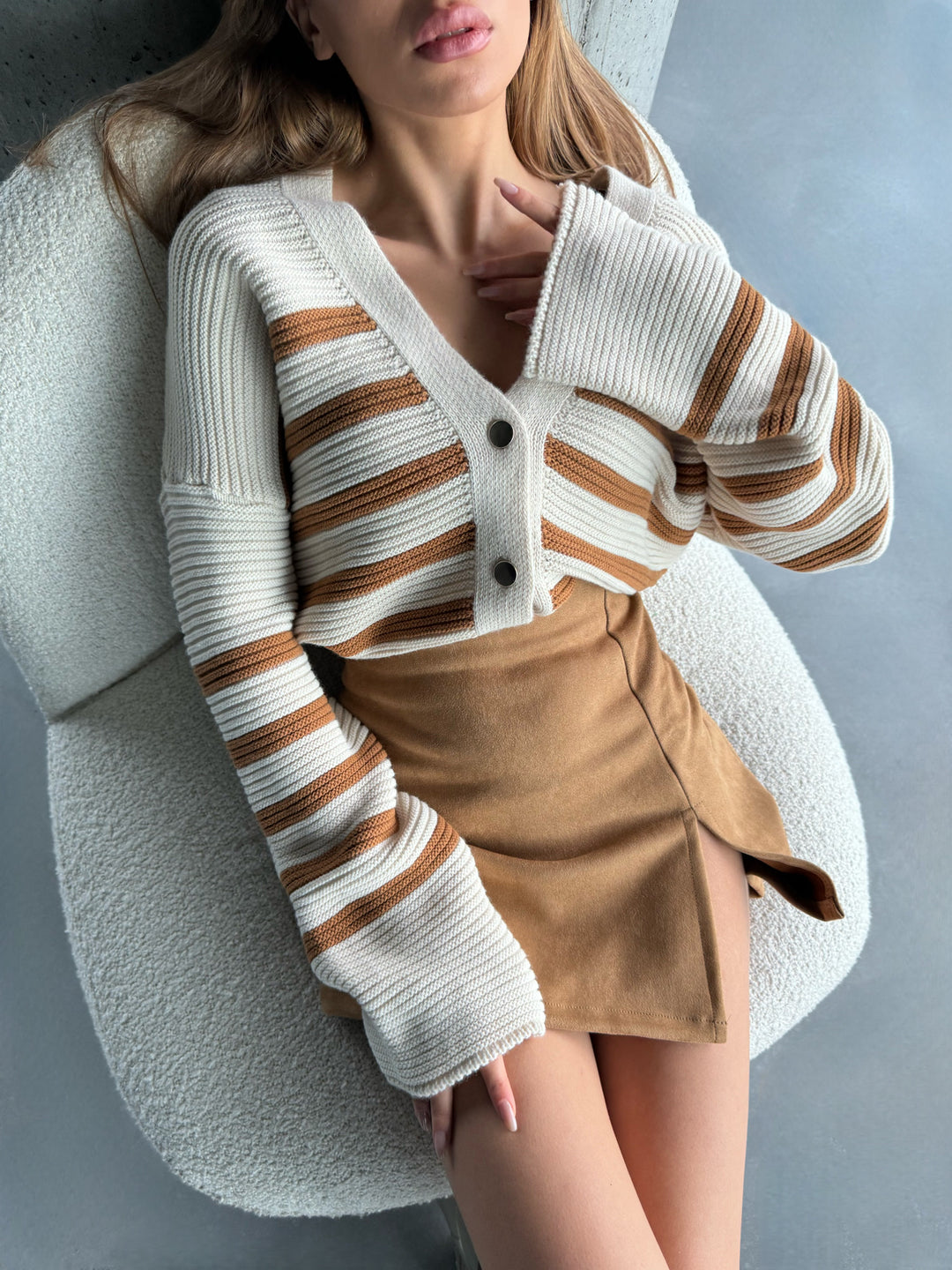 Oversize Textured Knit Cardigan - Brown