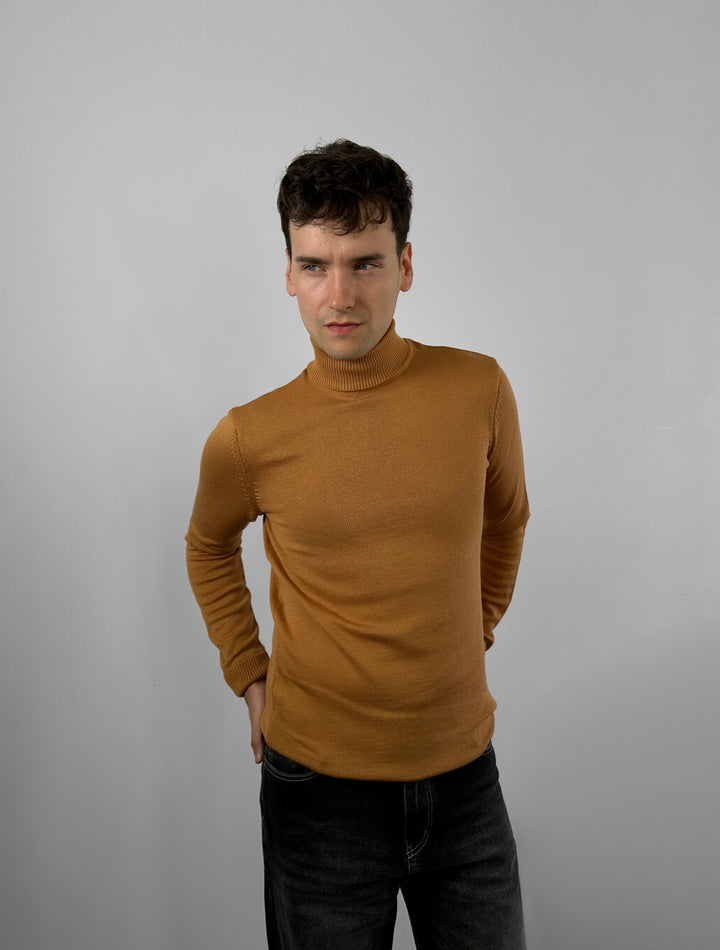Slim Fit Long Neck Pullover -Camel