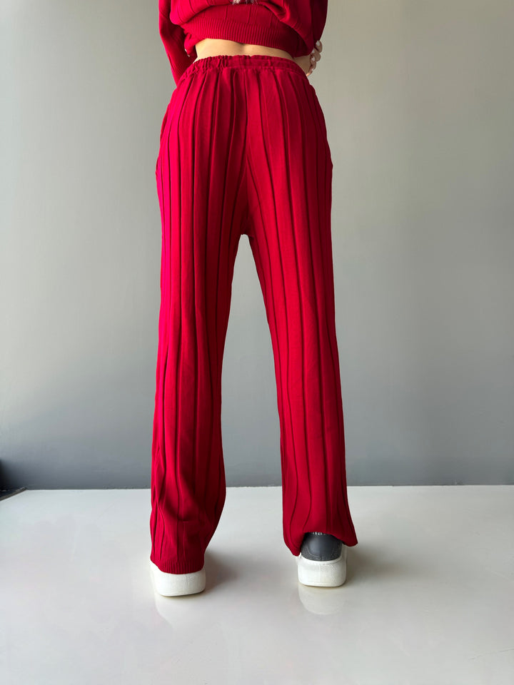 Loose Fit Wide Ribbed Pant - Blood Red