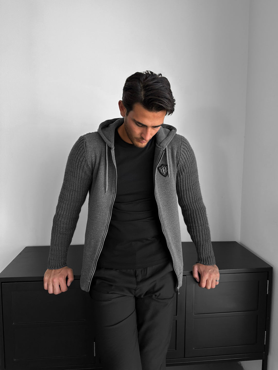 Regular Fit Knit Detail Zip Hoodie - Anthracite