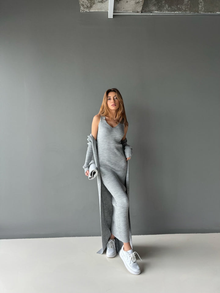 Maxi Knit Dress with Long Cardigan - Grey