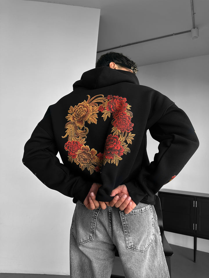 Oversize Chrysanthemum Hoodie - Black